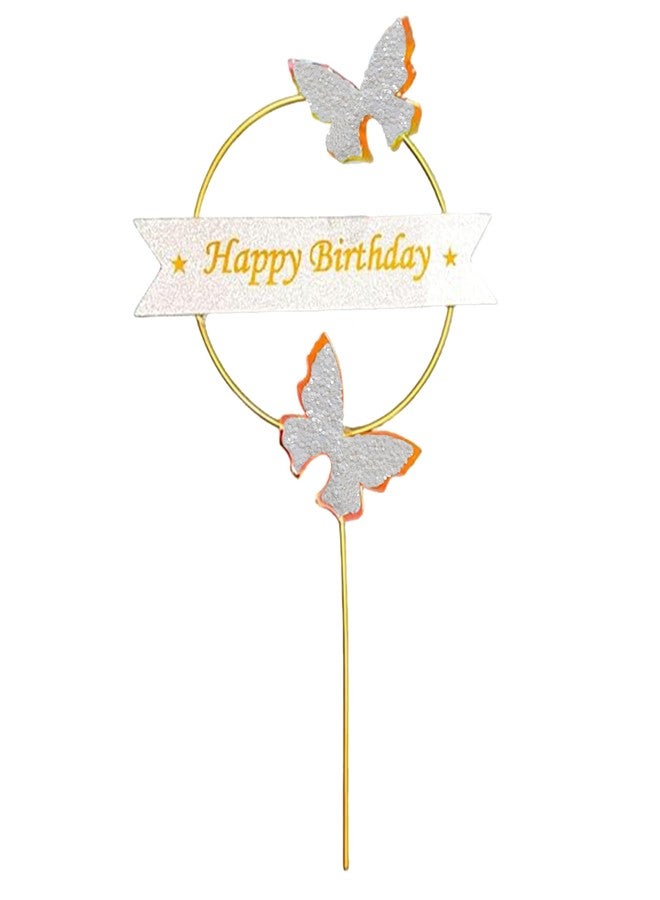 pop colours Happy Birthday Cake Topper | with Butterflies| 22 cm | Paper Circle Design, Gold Metal Ring With White Gliter Butterfly with Banner | (White) - Image 1
